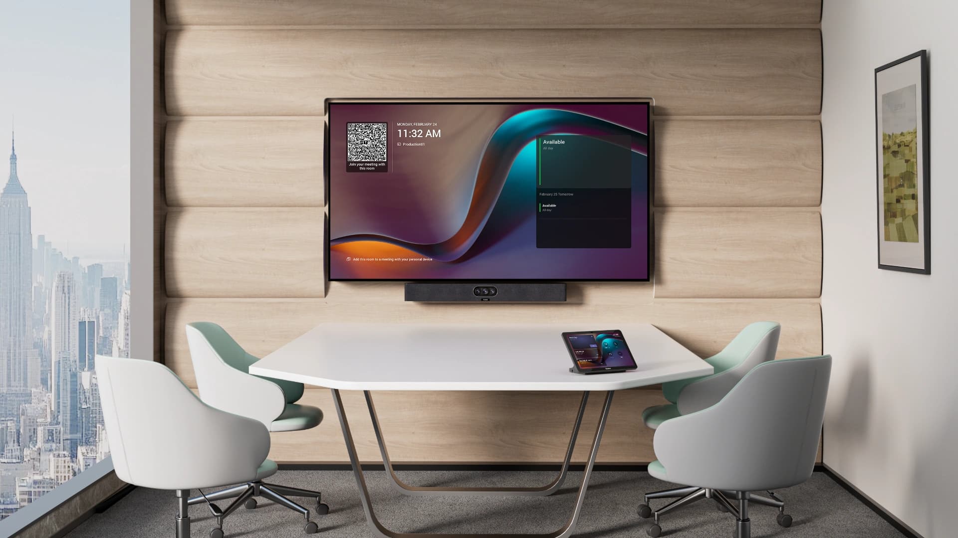 Salle de réunion lumineuse équipée d’une solution de visioconférence Yealink